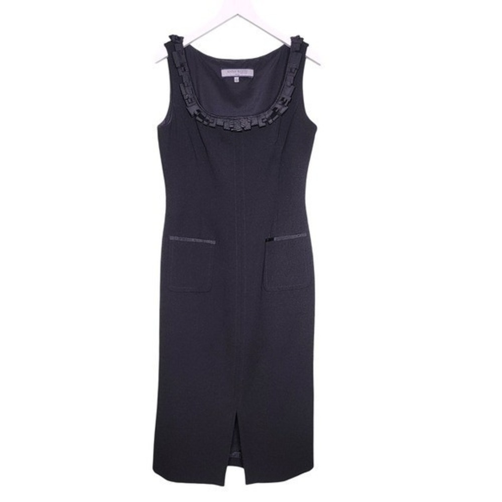 Anne Klein Black Dress Classic Sleeveless Sheath Ribbon Trim Scoop Neck Preppy 4